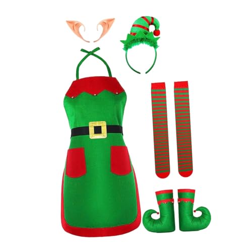 F Fityle Elfenschürze, Weihnachtskostüm-Set, dekoratives grün-rot gestreiftes Outfit, Cosplay für Festival, Urlaub, Maskerade, Party, Abend, mit Ohren und Socken von F Fityle