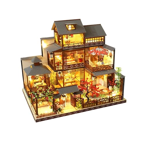 F Fityle Großes Japanisches Hofmodell mit LED-Leuchten, Puppenhaus-Bausatz, Spaß beim Bauen im Maßstab 1:24, kreatives Gebäude für Familienfreunde von F Fityle