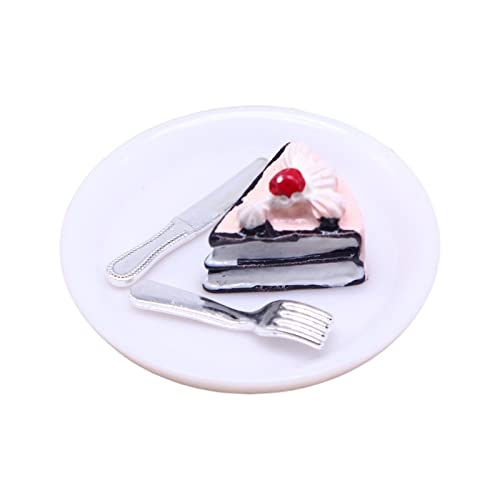 F Fityle Puppenhaus Kuchen Set mit Geschirr, Miniatur Küchenzubehör für Puppenhaus Dekoration, Rosa schwarzer Kuchen von F Fityle