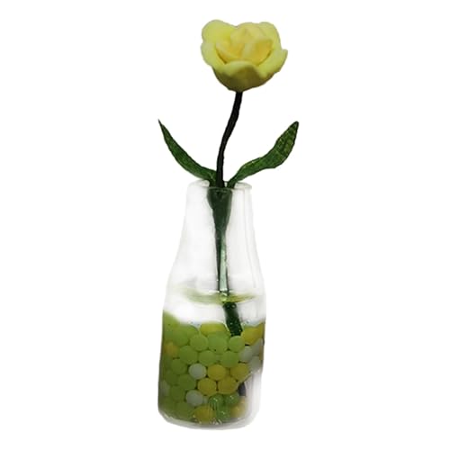 F Fityle Tiny Houses Blume und Vase, Miniaturblume mit Glasvase, Mikrolandschaftsblume für 1:6 1:12 Küchengartendekoration, Gelbe Rose mischen von F Fityle
