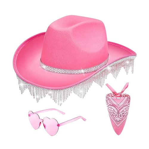 F Fityle Western-Quasten, Cowboy-Hut, Hut mit Bandana, Sonnenbrille, breite Krempe, robuster Cowgirl-Hut für Kostüm, Angelkostüm, ROSA von F Fityle