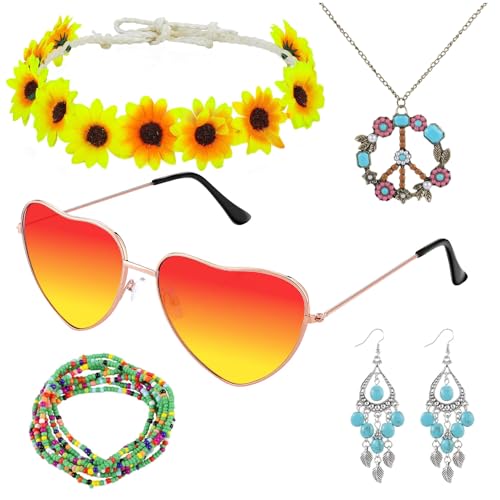 FACATH 4-teiliges Hippie-Kostüm-Zubehör-Set, 1960er Jahre Damenkostüm - a, Einheitsgröße FACATH 4-teiliges Hippie-Kostüm-Zubehör-Set, 1960er Jahre Damenkostüm - a, Einheitsgröße von FACATH