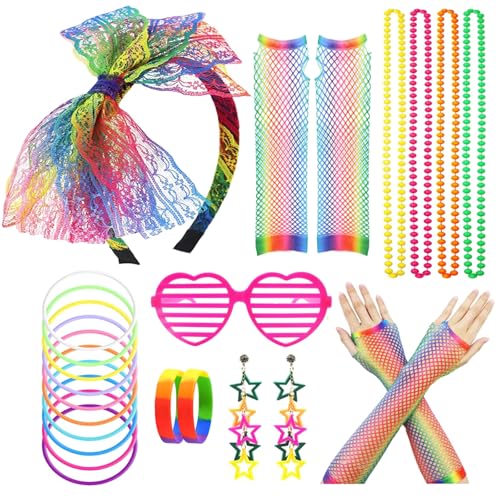 FACATH 80er Jahre Kostüm Zubehör, 1980er Jahre Fancy Style Neon Kleider Party Sets & Kits für Damen (Regenbogen - 7-teilig) von FACATH