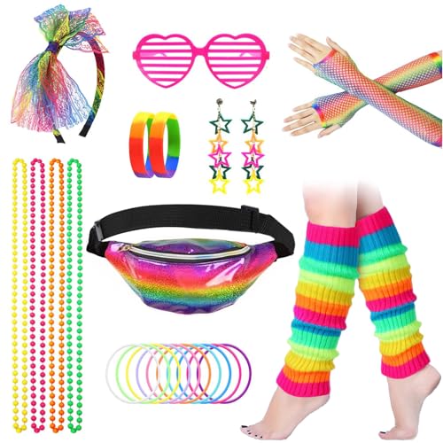 FACATH 80er Jahre Kostüm Zubehör, 1980er Jahre Fancy Style Neon Kleider Party Sets & Kits für Frauen 80er Jahre Outfit Neon Stirnband Ohrringe Fischnetz Handschuhe Beinwärmer Halskette Armband von FACATH