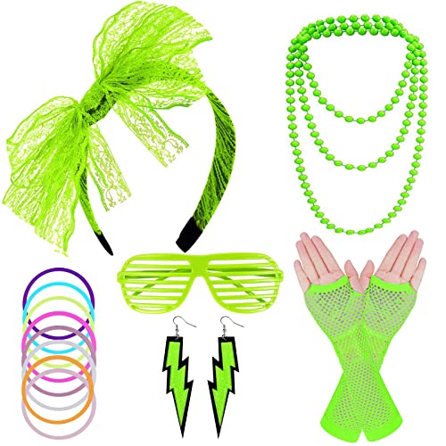 FACATH 80er Jahre Party Kostüm Zubehör Set mit Spitzen Stirnband Neon Ohrringen Fingerlosen Netzhandschuhen Damen 70er 80er Jahre Outfit Disco Zubehör (Grün) von FACATH