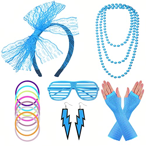 FACATH 80er Jahre Party Kostüm Zubehör Set mit Spitzen Stirnband Neon Ohrringen Fingerlosen Netzhandschuhen Damen 70er 80er Jahre Outfit Disco Zubehör (Himmelblau) von FACATH