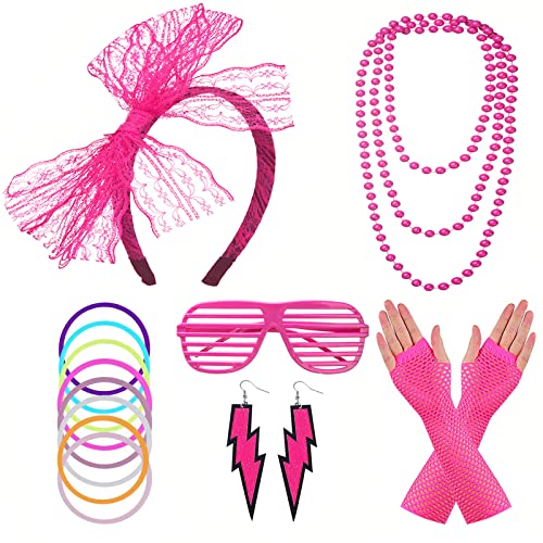 FACATH 80er Jahre Party Kostüm Zubehör Set mit Spitzen Stirnband Neon Ohrringen Fingerlosen Netzhandschuhen Damen 70er 80er Jahre Outfit Disco Zubehör (Rosenrot) von FACATH
