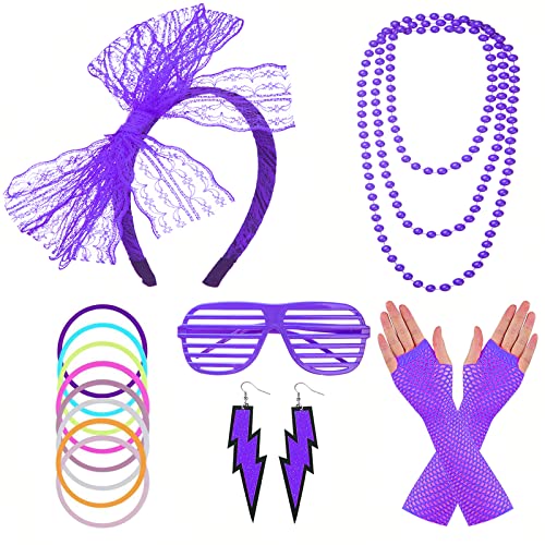 FACATH 80er Jahre Party Kostüm Zubehör Set mit Spitzen Stirnband Neon Ohrringen Fingerlosen Netzhandschuhen Damen 70er 80er Jahre Outfit Disco Zubehör (Violett) von FACATH