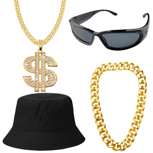 FACATH Hip-Hop-Kostüm-Set, Rapper-Zubehör, 2000er-, 80er-, 90er-Jahre-Kostüm, gefälschte Goldkette, Sonnenbrille, Hut für Rapper, 4 Stück, 90er-Jahre-Zubehör, schwarz, Einheitsgröße von FACATH