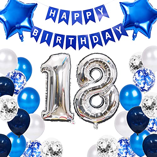 18. Geburtstag Junge Marineblau 18. Geburtstag Männer, Blau Happy Birthday Banner Silber 18 Geburtstag Folienballon Stern Folienballons Konfetti Latex Ballons für 18 Jahre Geburtstags Jungen Mädchen von Fechy