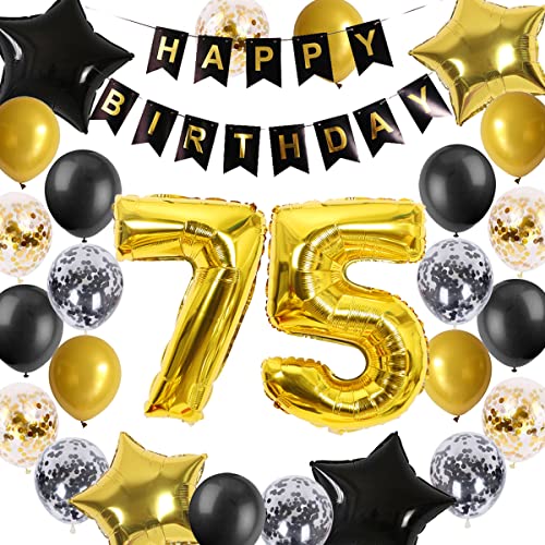 75.Geburtstag Dekorationen Schwarz Gold für Männer Frauen, Happy Birthday Banner Nummer 75 Geburtstag Ballons Stern Folienballons Konfetti Luftballons für Mama Papas 75 Jahre alt Geburtstag von Fechy