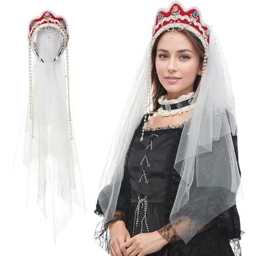FAD-4U Anne Boleyn Hut Tudor Giebelhaube Kappe Elizabethanische Kopfbedeckung Renaissance Kostüm Kopfschmuck für Frauen Cosplay Party (Rot-59, Einheitsgröße) von FAD-4U