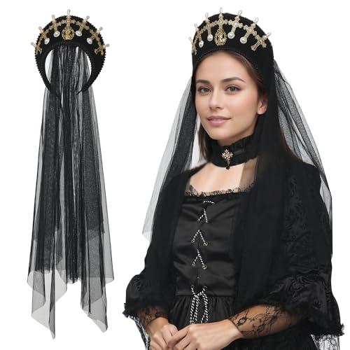 FAD-4U Anne Boleyn Hut Tudor Giebelhaube Kappe Elizabethanische Kopfbedeckung Renaissance Kostüm Kopfschmuck für Frauen Cosplay Party (Schwarz-57, Einheitsgröße) von FAD-4U