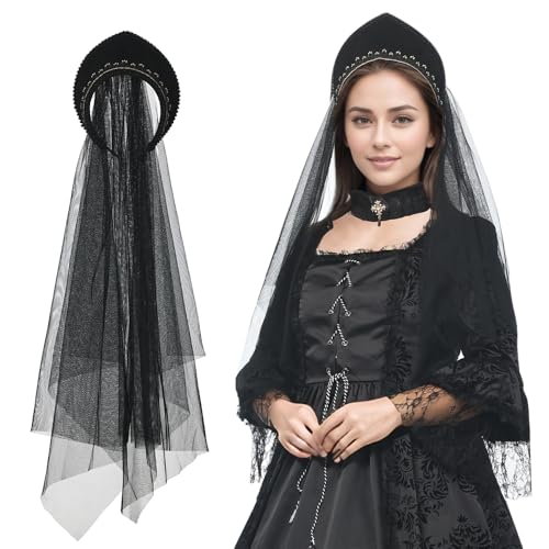 FAD-4U Anne Boleyn Hut Tudor Giebelhaube Kappe Elizabethanische Kopfbedeckung Renaissance Kostüm Kopfschmuck für Frauen Cosplay Party (Schwarz-60, Einheitsgröße) von FAD-4U