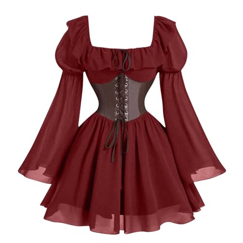 FAD-4U Damen Mittelalter Renaissance Kostüm Kleid Puffärmel Korsett Taille Vintage Gothic Party Kleid Halloween Cosplay Outfit von FAD-4U