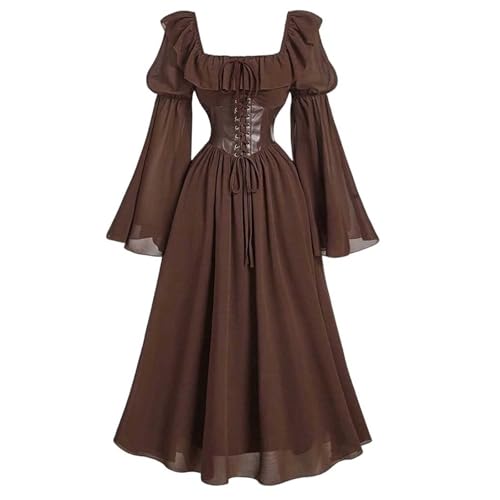 FAD-4U Damen Mittelalter Renaissance Kostüm Kleid Retro Vintage Langarm Flare Ärmel Korsett Taille Quadratischer Ausschnitt Hexe Pirat Cosplay Halloween Partykleid (Dunkelbraun, XXL) von FAD-4U