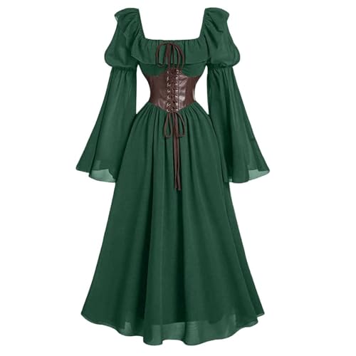 FAD-4U Damen Mittelalter Renaissance Kostüm Kleid Retro Vintage Langarm Flare Ärmel Korsett Taille Quadratischer Ausschnitt Hexe Pirat Cosplay Halloween Partykleid (Grün, XL) von FAD-4U