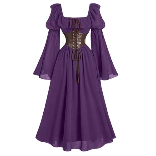 FAD-4U Damen Mittelalter Renaissance Kostüm Kleid Retro Vintage Langarm Flare Ärmel Korsett Taille Quadratischer Ausschnitt Hexe Pirat Cosplay Halloween Partykleid (Lila, L) von FAD-4U