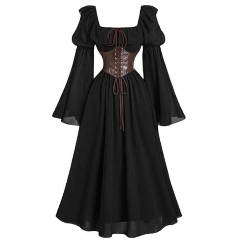 FAD-4U Damen Mittelalter Renaissance Kostüm Kleid Retro Vintage Langarm Flare Ärmel Korsett Taille Quadratischer Ausschnitt Hexe Pirat Cosplay Halloween Partykleid (Schwarz, XL) von FAD-4U