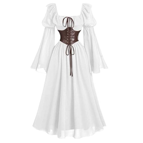 FAD-4U Damen Mittelalter Renaissance Kostüm Kleid Retro Vintage Langarm Flare Ärmel Korsett Taille Quadratischer Ausschnitt Hexe Pirat Cosplay Halloween Partykleid (Weiß, XXL) von FAD-4U