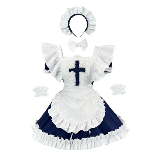 FAD-4U Gothic Lolita Dienstmädchenkleid, marineblaues und weißes Kreuz-Design mit Rüschen, Schürze und Stirnband (Marineblau, S) von FAD-4U