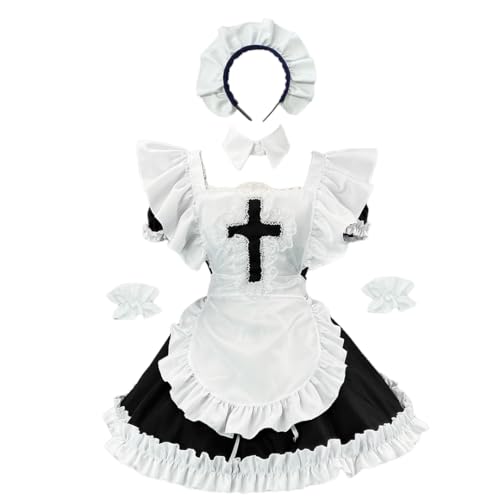 FAD-4U Gothic Lolita Dienstmädchenkleid, marineblaues und weißes Kreuz-Design mit Rüschen, Schürze und Stirnband (Schwarz, L) von FAD-4U
