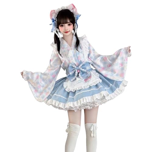 FAD-4U Japanischer Stil Lolita Dienstmädchen Kostüm 4-teiliges Set - Kimono Kleid für Damen - Langarm Top + Rock + Schürze + Obi Band - Cosplay für Halloween, Schulfestival, Events FAD-4U Japanischer Stil Lolita Dienstmädchen Kostüm 4-teiliges Set - Kimono Kleid für Damen - Langarm Top + Rock + Schürze + Obi Band - Cosplay für Halloween, Schulfestival, Events von FAD-4U