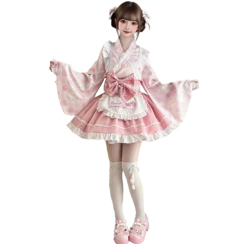 FAD-4U Japanischer Stil Lolita Dienstmädchen Kostüm 4-teiliges Set - Kimono Kleid für Damen - Langarm Top + Rock + Schürze + Obi Band - Cosplay für Halloween, Schulfestival, Events FAD-4U Japanischer Stil Lolita Dienstmädchen Kostüm 4-teiliges Set - Kimono Kleid für Damen - Langarm Top + Rock + Schürze + Obi Band - Cosplay für Halloween, Schulfestival, Events von FAD-4U