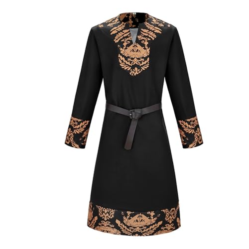 FAD-4U Mittelalter Renaissance Tunika Wikinger LARP Kostüm mit Gürtel Langarm Surcoat Schwarz Marine Burgund mit Goldbesatz (Schwarz, 2XL) von FAD-4U