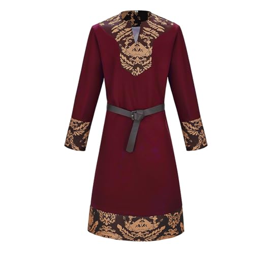 FAD-4U Mittelalterliche Renaissance-Tunika, Wikinger LARP Kostüm mit Gürtel, langärmeliger Surcoat in Schwarz, Marineblau, Burgunderrot mit Goldbesatz (Weinrot, M) von FAD-4U