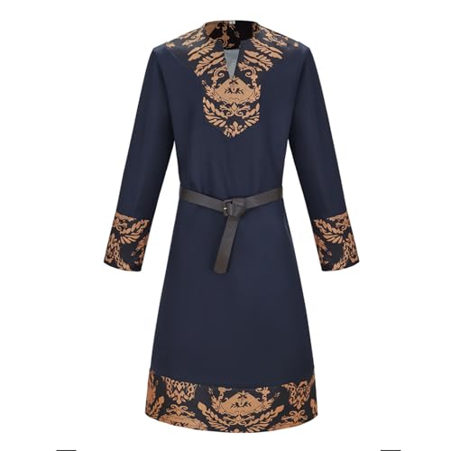 FAD-4U Mittelalterliche Renaissance-Tunika, Wikinger LARP Kostüm mit Gürtel, langärmeliger Surcoat in Schwarz, Marineblau, Burgunderrot mit Goldrand (Marineblau, M) von FAD-4U