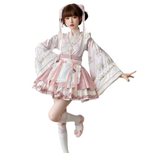 Lolita Dienstmädchen-Kostüm im chinesischen Stil 4-teiliges Set (Oberteil mit Rüschen, Rock, Schürze, Haar-Accessoire) - XS bis XXL - perfekt für Dienstmädchencafés von FAD-4U