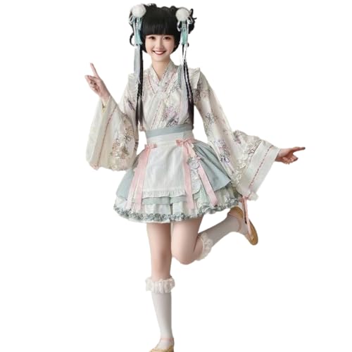 Lolita Dienstmädchen-Kostüm im chinesischen Stil 4-teiliges Set (Oberteil mit Rüschen, Rock, Schürze, Haar-Accessoire) - XS bis XXL - perfekt für Dienstmädchencafés von FAD-4U