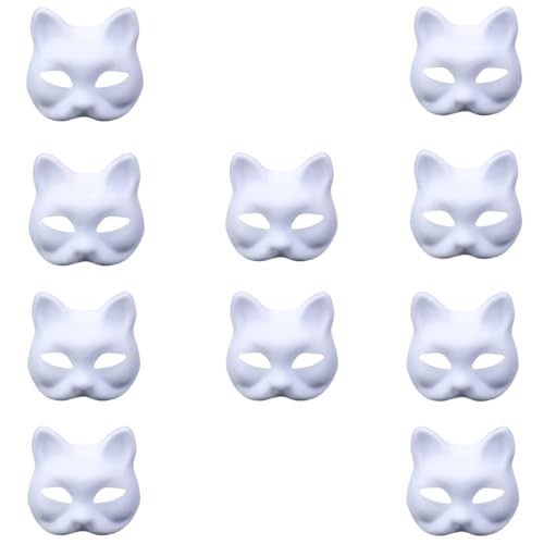 DIY Weißes Papier Maske Zellstoff Blank Handgemalte Maske Persönlichkeit Kreative Freie Design Maske Therian Mask für Karneval, Fasching, Halloween Party (10 Stück Katze) von FAHOI