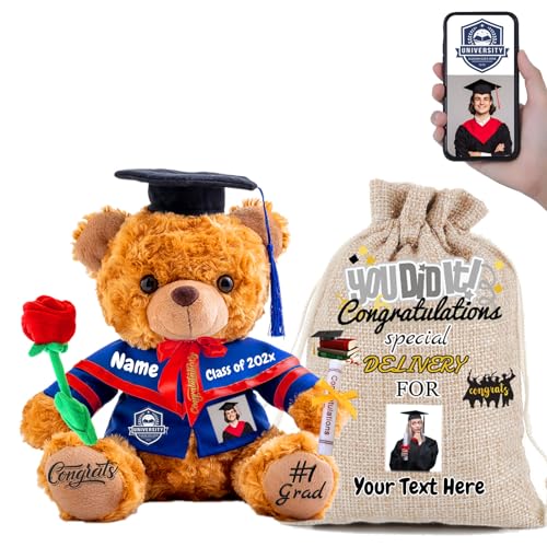 FAHOXUMR 2024 Graduationbär Personalisierte mit Rose & Geschenktüte, Abschluss-Teddybär als Abschlussgeschenk 2024 für Mädchen/Jungen als Hochschule Graduation Geschenke für Sie (25cm-Text+Foto) von FAHOXUMR