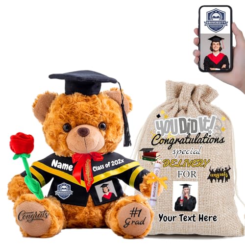 FAHOXUMR 2024 Graduationbär Personalisierte mit Rose & Geschenktüte, Abschluss-Teddybär als Abschlussgeschenk 2024 für Mädchen/Jungen als Hochschule Graduation Geschenke für Sie (25cm-Text+Foto) von FAHOXUMR