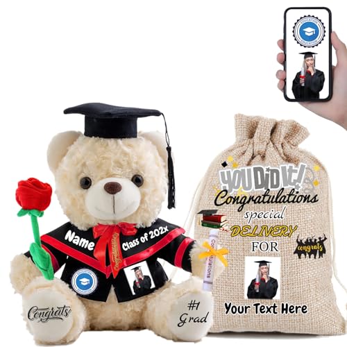 FAHOXUMR Abschlussbär Abschluss 2024 Personalisiertes Abschlussgeschenk für Kinder Frauen Männer, Teddybär mit Rose & Geschenktüte als Graduation Geschenke 2024 (20cm-Text+Foto) von FAHOXUMR