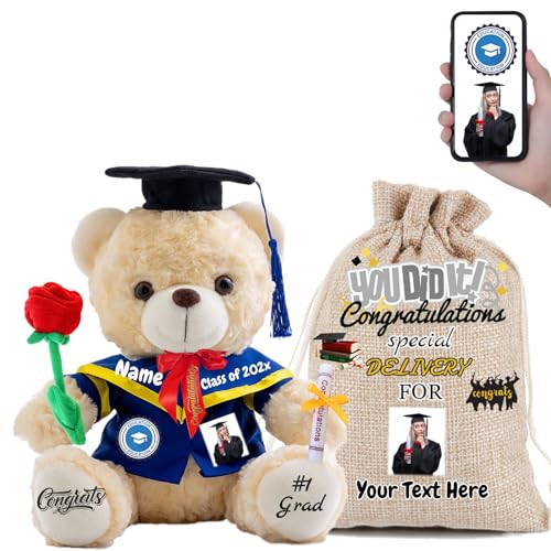 FAHOXUMR Abschlussbär Abschluss 2024 Personalisiertes Abschlussgeschenk für Kinder Frauen Männer, Teddybär mit Rose & Geschenktüte als Graduation Geschenke 2024 (20cm-Text+Foto) von FAHOXUMR