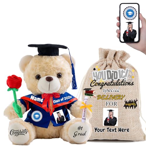 FAHOXUMR Abschlussbär Abschluss 2024 Personalisiertes Abschlussgeschenk für Kinder Frauen Männer, Teddybär mit Rose & Geschenktüte als Graduation Geschenke 2024 (25cm-Text+Foto) von FAHOXUMR