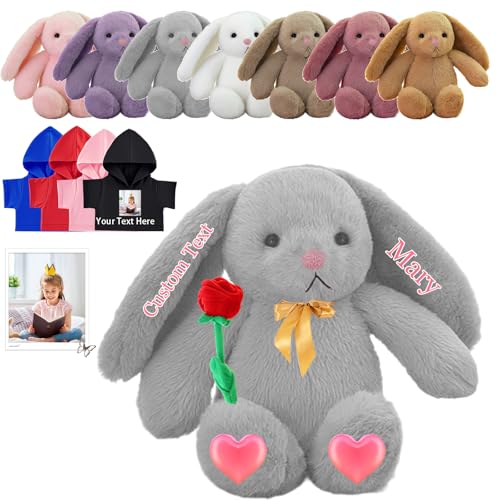 FAHOXUMR Custom Bunny Plüschtier, Personalisierte Gefüllte Hase Kaninchen mit Foto Name Personalisierte Geschenke Bunny Plush für Erwachsene Kinder Erste Ostern Geschenk Geburtstagsgeschenke, 22 cm von FAHOXUMR