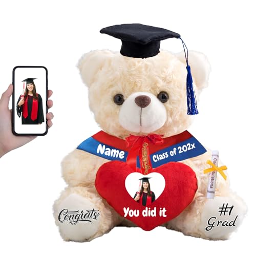 FAHOXUMR Graduationbär Personalisierte Abschlussgeschenk mit Text+Foto, Teddybär mit Herz als Schulabschluss Geschenk für Ihn 2024 Oberschule Graduation 2024 (20cm-Text+Foto) von FAHOXUMR
