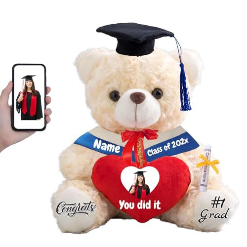FAHOXUMR Graduationbär Personalisierte Abschlussgeschenk mit Text+Foto, Teddybär mit Herz als Schulabschluss Geschenk für Ihn 2024 Oberschule Graduation 2024 (20cm-Text+Foto) von FAHOXUMR