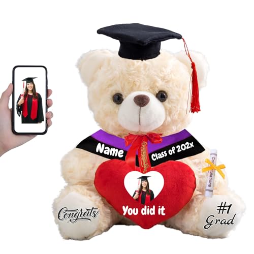 FAHOXUMR Graduationbär Personalisierte Abschlussgeschenk mit Text+Foto, Teddybär mit Herz als Schulabschluss Geschenk für Ihn 2024 Oberschule Graduation 2024 (20cm-Text+Foto) von FAHOXUMR