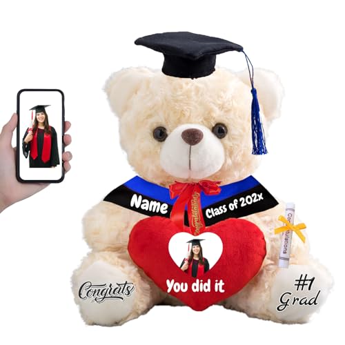 FAHOXUMR Graduationbär Personalisierte Abschlussgeschenk mit Text+Foto, Teddybär mit Herz als Schulabschluss Geschenk für Ihn 2024 Oberschule Graduation 2024 (25cm-Text+Foto) von FAHOXUMR