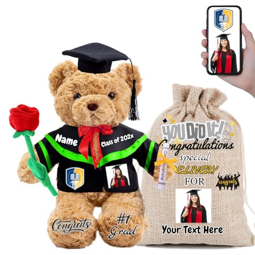 FAHOXUMR Graduationbär Personalisierte mit Rose & Geschenktüte als 2024 Abschlussgeschenke für Sie Ihn, Abschluss-Teddybär Plüschtier für Ihn als Oberschule Abschlussgeschenk 2024 (32cm-Text+Foto) von FAHOXUMR