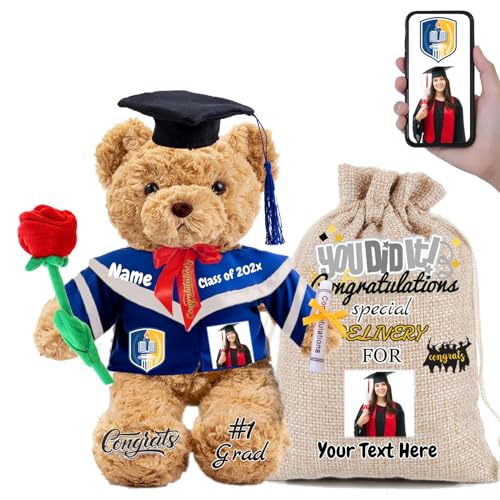 FAHOXUMR Graduationbär Personalisierte mit Rose & Geschenktüte als 2024 Abschlussgeschenke für Sie Ihn, Abschluss-Teddybär Plüschtier für Ihn als Oberschule Abschlussgeschenk 2024 (32cm-Text+Foto) von FAHOXUMR