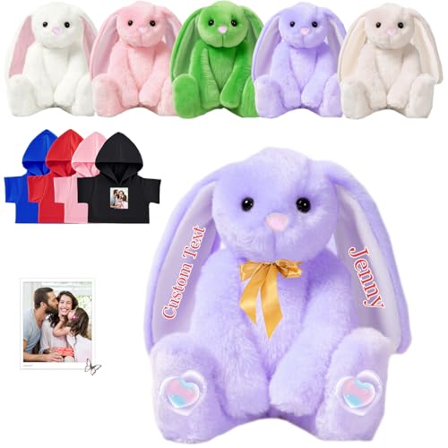 FAHOXUMR Personalisierte Hase Plüschtier, Benutzerdefinierte Gefüllte Hase Plüsch mit Text Foto als Personalisierte Geschenke Bunny Plush für Jungen Mädchen, Kinder Erste Ostern Geschenk, 25cm von FAHOXUMR