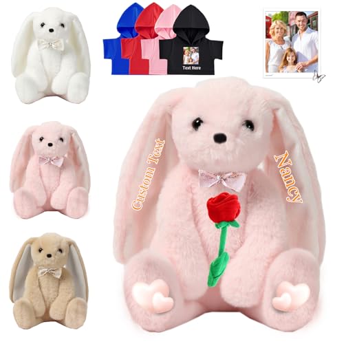 FAHOXUMR Personalisierte Plüschhase Plüsch, Benutzerdefinierte Hase Plüschtier mit Text Foto als Personalisierte Bunny Plush für Baby Geschenk, Geburtstag Geschenke für Kinder Erwachsene, 26cm von FAHOXUMR