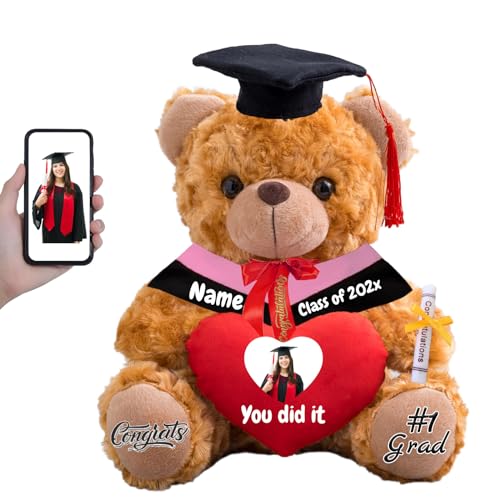 FAHOXUMR Personalisierter Abschluss-Teddybär 2024, Graduation Geschenke für Sie mit Text+Foto, Abschlussbär mit Herz als Abschlussgeschenk für Ihn zum Abschluss 2024 (25cm-Text+Foto) von FAHOXUMR