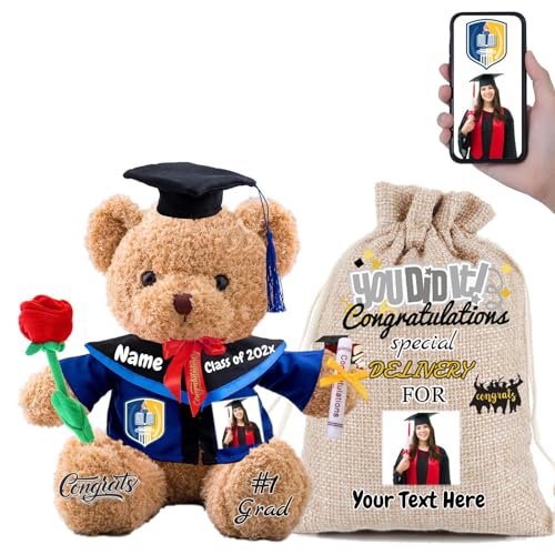 FAHOXUMR Personalisierter Abschluss-Teddybär 2024 mit Rose & Geschenktüte, Abschlussbär für Abschlussfeier 2024 als Graduation Geschenke für Frauen Männer (30cm-Text+Foto) von FAHOXUMR